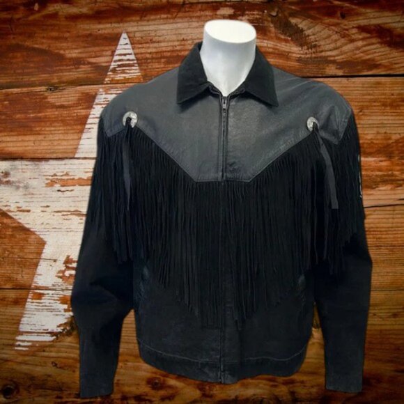 Vintage 80's Scully Black Leather Fringed Western Cowboy Jacket RARE Size 44 - Picture 1 of 14